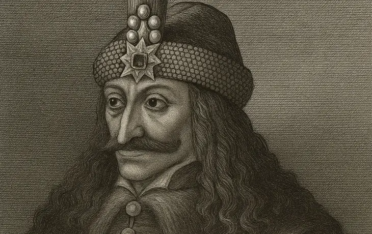 Vlad Tepeş’in uzun saçlı, işlemeli başlık takmış halde çizilmiş detaylı bir gravür portresi.